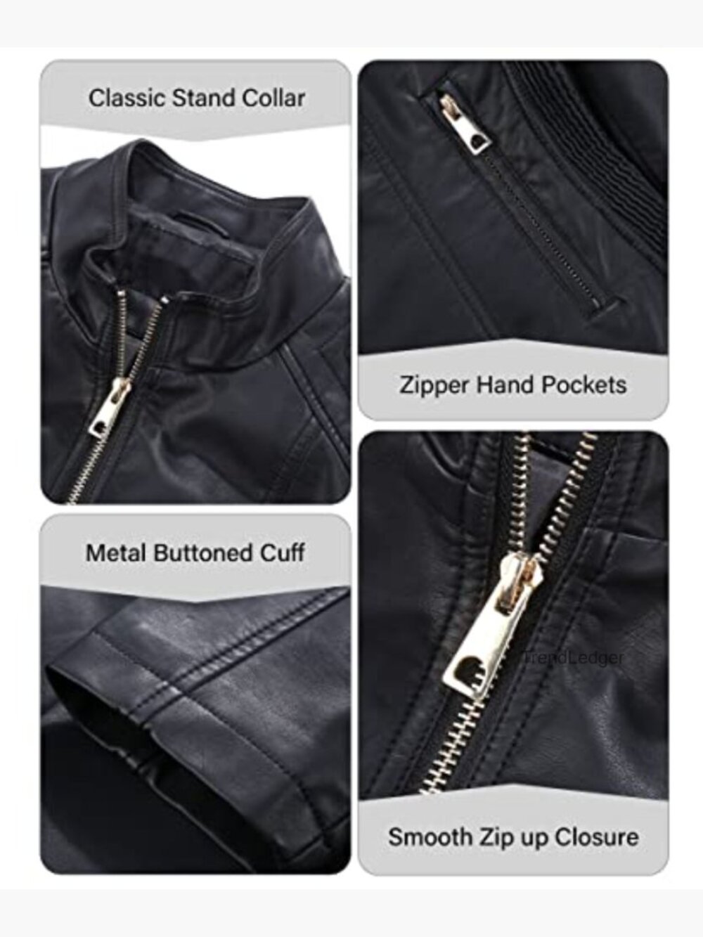 Women's Faux Leather Moto Jacket with Stand Collar & Pockets - Picture 6 of 7